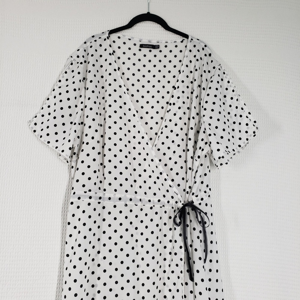 Boohoo Wrap Maxi Dress Womens 24 White Black Polka Dot Short Sleeve Romantic - Picture 14 of 16